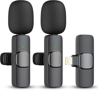 Belro 2-pack wireless microphones for iPhone and iPad, compact electronic audio microphones for recording and streaming.