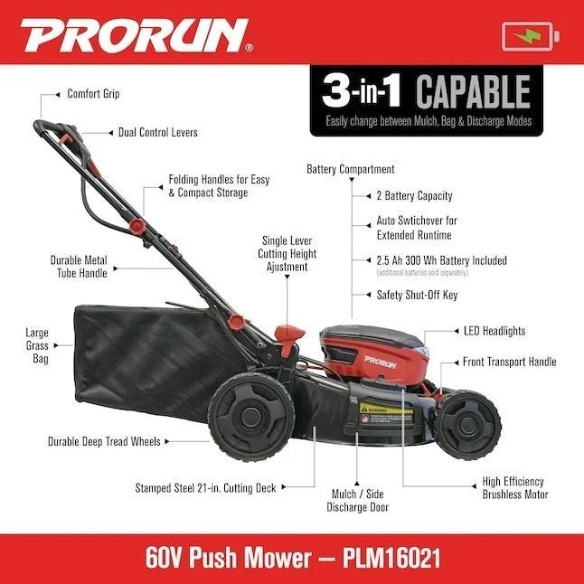Casavibeo PRORUN 60V 21-inch cordless push lawn mower with steel deck, 2.5 Ah battery, and charger, shown outdoors on grass