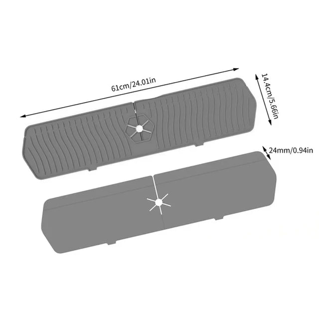 Gray silicone kitchen sink splash guard by Belro, designed to prevent water splashes and keep the sink area clean.
