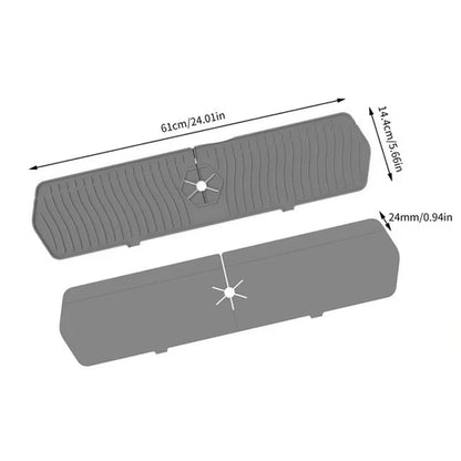 Gray silicone kitchen sink splash guard by Belro, designed to prevent water splashes and keep the sink area clean.
