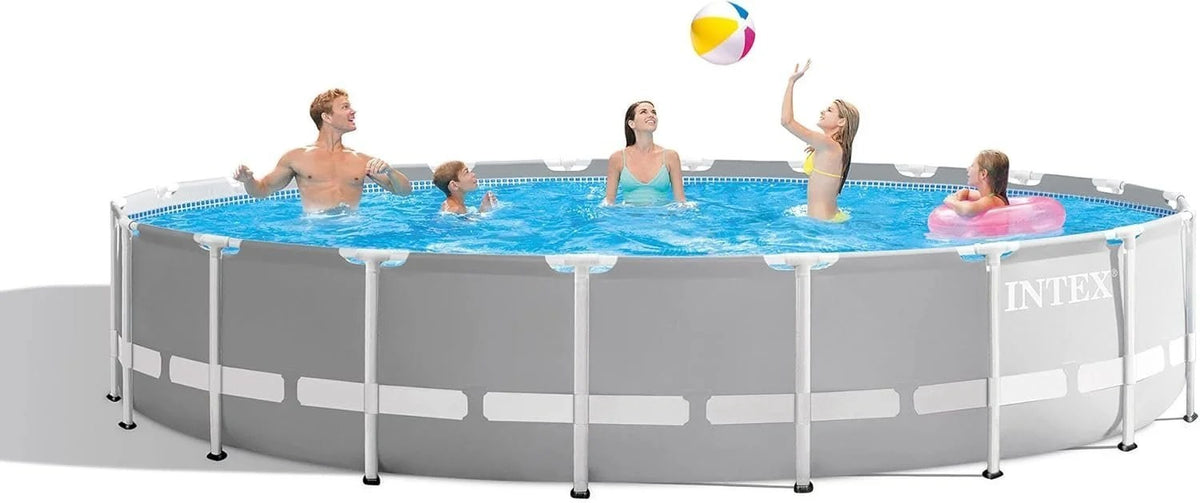 Intex Prism Frame 20ft x 52in above ground swimming pool set with frame and liner, suitable for outdoor backyard use.