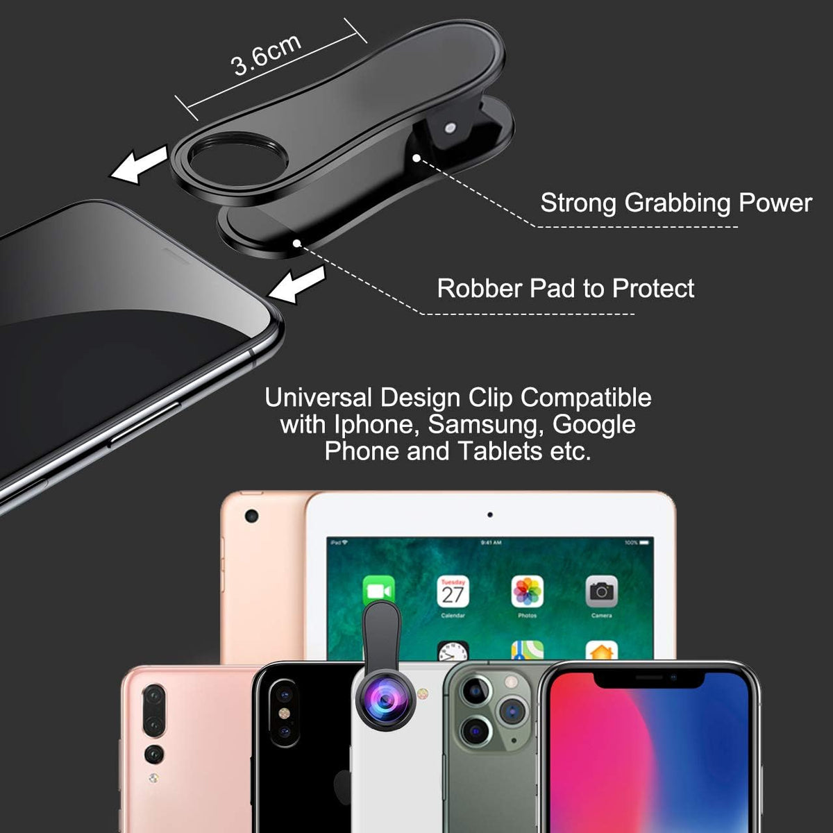 Belro wide angle lens attached to smartphone camera, enhancing photo capture with a broad field of view.