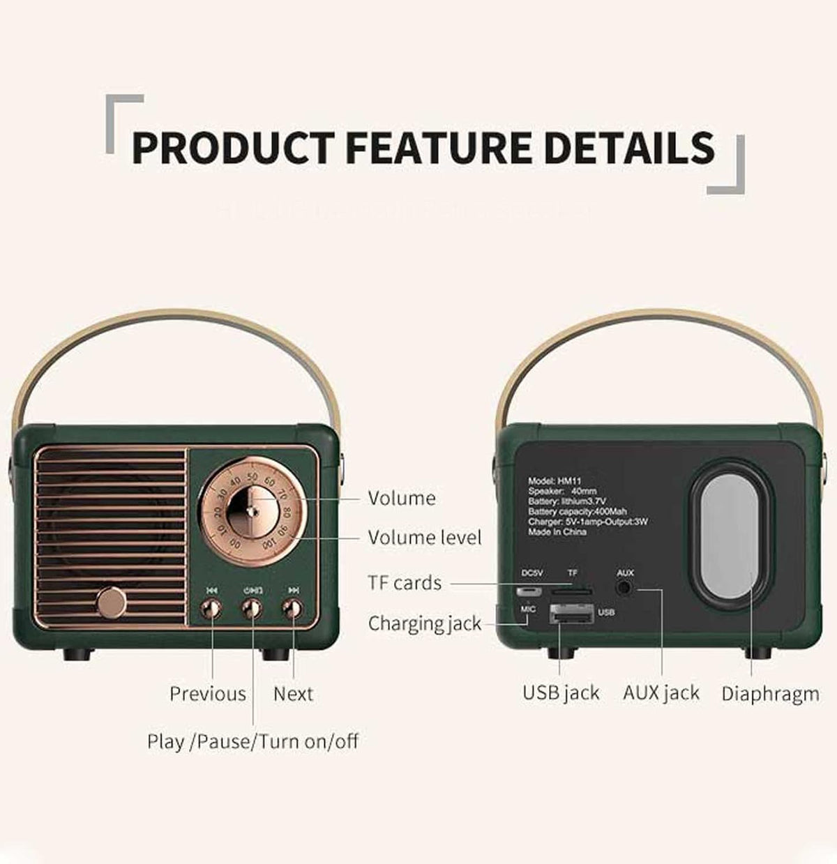 Belro Retro Bluetooth speaker with vintage design, portable electronics audio device with control buttons and textured exterior.