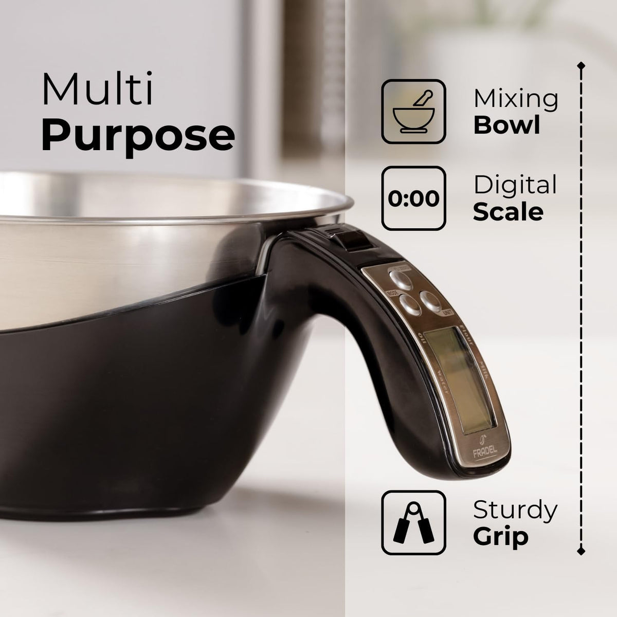 Digital measuring cup scale by Belro showing a clear LCD display and stainless steel measuring cup for precise weight measurement.
