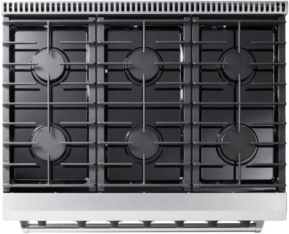 Casavibeo Thor Kitchen 36-inch gas range with four burners and stainless steel finish, shown in a modern kitchen setting.