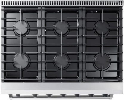 Casavibeo Thor Kitchen 36-inch gas range with four burners and stainless steel finish, shown in a modern kitchen setting.