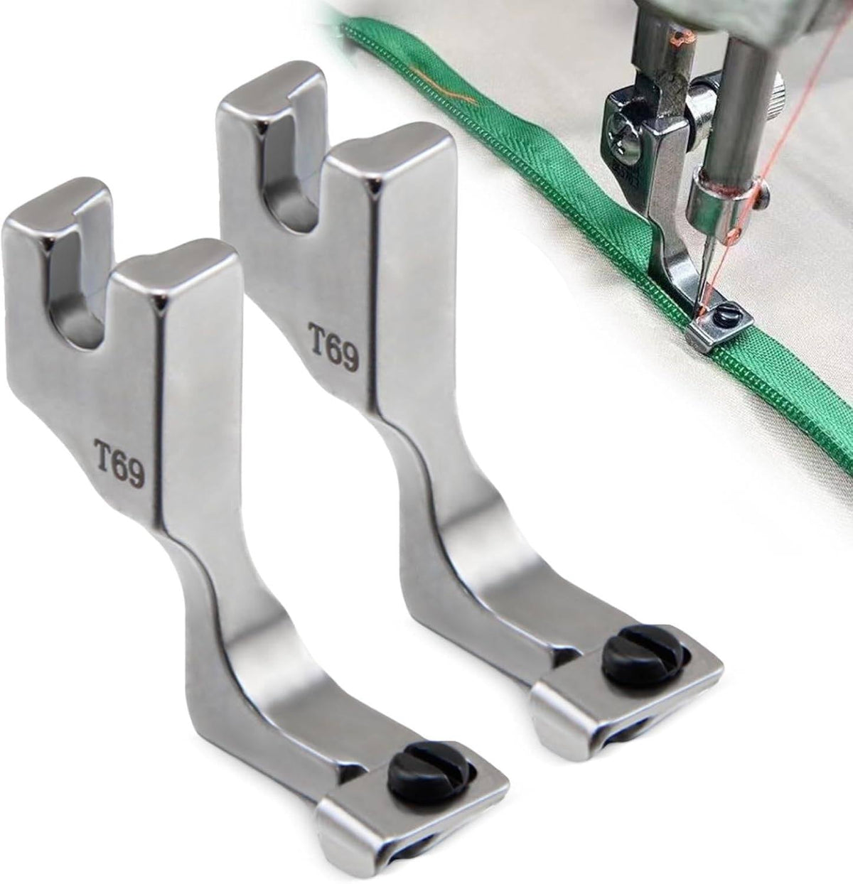 Belro T69 Invisible Zipper Presser Foot for men's clothing sewing, showing the metal attachment on a sewing machine.