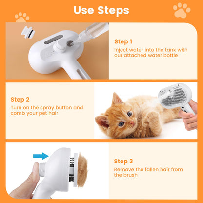 Belro Cat and Dog Steam Brush for grooming, with ergonomic handle and steam vents, designed for effective pet fur cleaning.
