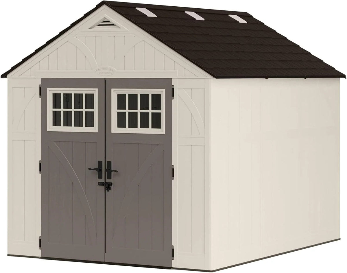Casavibeo Suncast 8x10 ft. Tremont resin outdoor storage shed with skylights, featuring double doors and window panels.