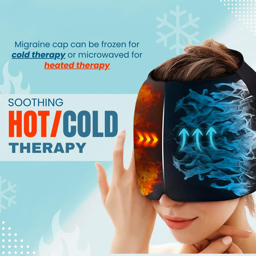 Belro migraine relief cap worn on a person's head, designed to ease headache pain with cooling and gentle compression.
