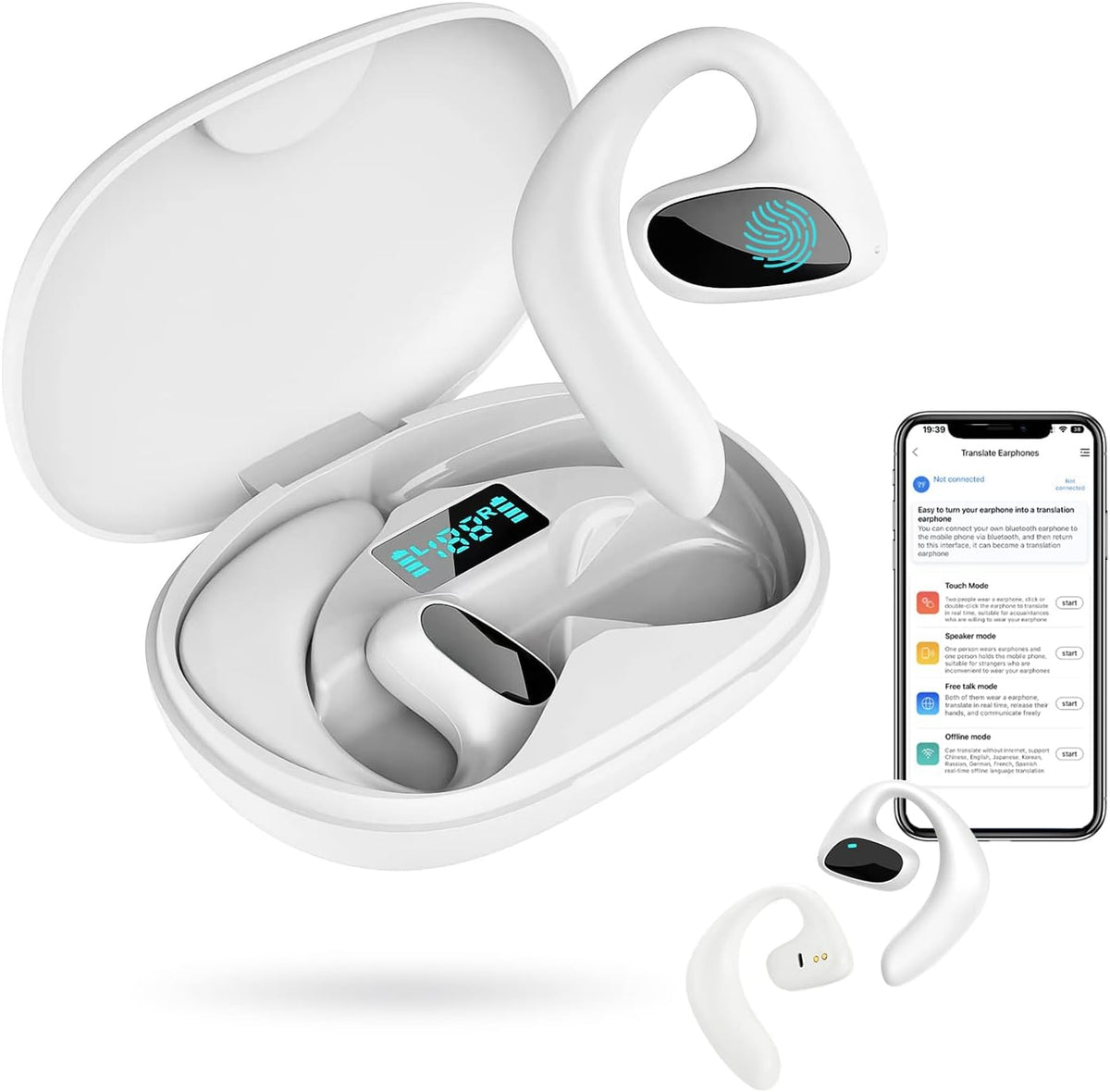 Belro language translator earbuds in black, compact wireless electronic earbuds for real-time translation and language learning.