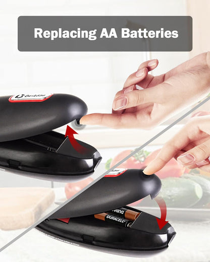 Belro electric automatic can opener for kitchen use, showing the sleek device with a stainless steel cutting mechanism in a modern kitchen setting.