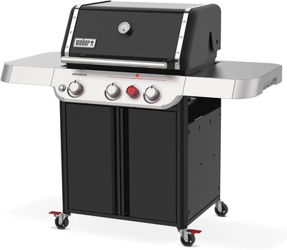 Casavibeo Weber Genesis E-325s gas grill with stainless steel lid, four burners, and side shelves for outdoor cooking.