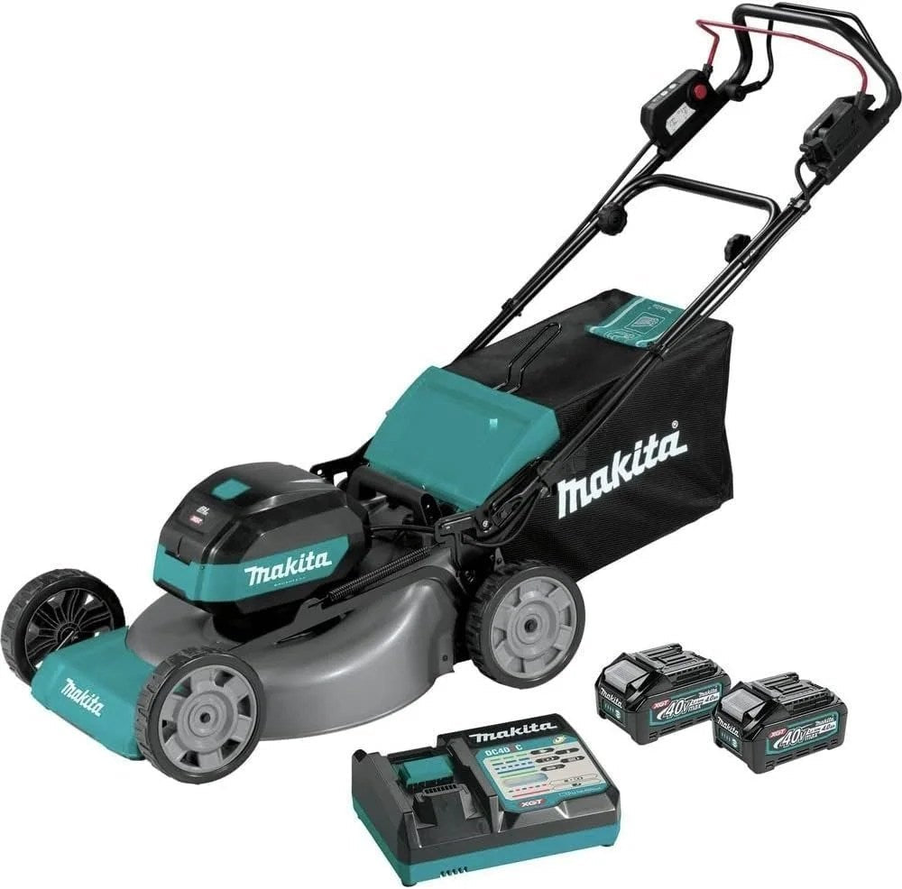 Makita 40V max XGT brushless 21-inch self-propelled commercial lawn mower kit with grass collection bag and adjustable height.