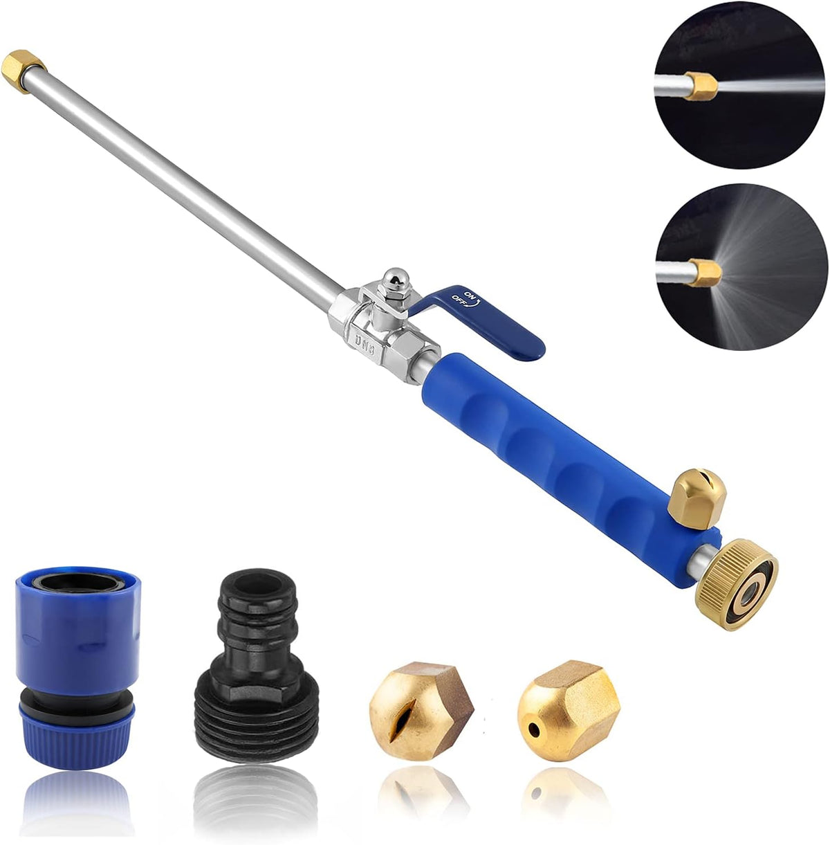 Belro high-pressure washer spray nozzle attached to a water hose for car washing, showing a durable metal tip and adjustable spray pattern.