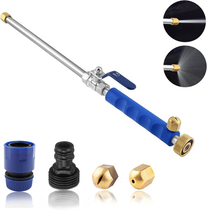 Belro high-pressure washer spray nozzle attached to a water hose for car washing, showing a durable metal tip and adjustable spray pattern.