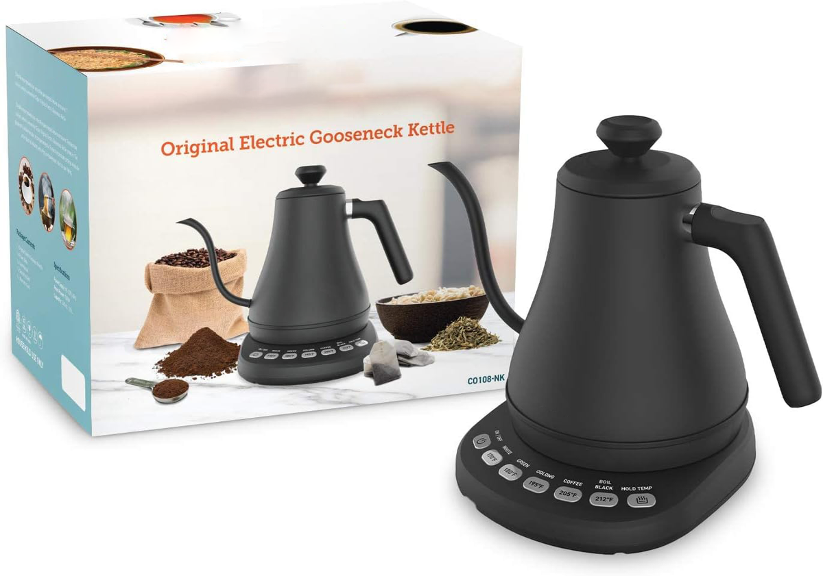 Belro electric gooseneck kettle with a sleek black design, featuring a long spout for precise pouring and easy operation.
