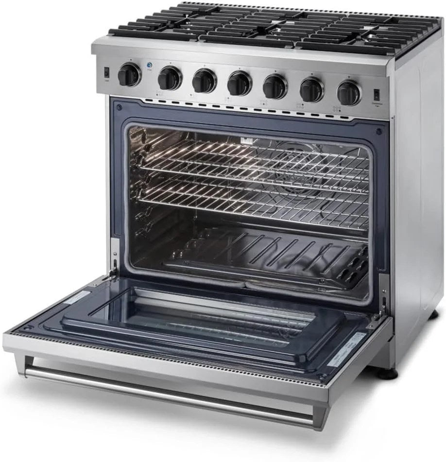 Casavibeo Thor Kitchen 36-inch gas range with four burners and stainless steel finish, featuring control knobs and oven door.