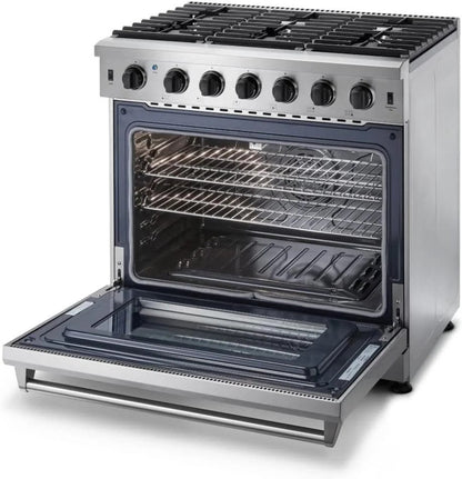 Casavibeo Thor Kitchen 36-inch gas range with four burners and stainless steel finish, featuring control knobs and oven door.