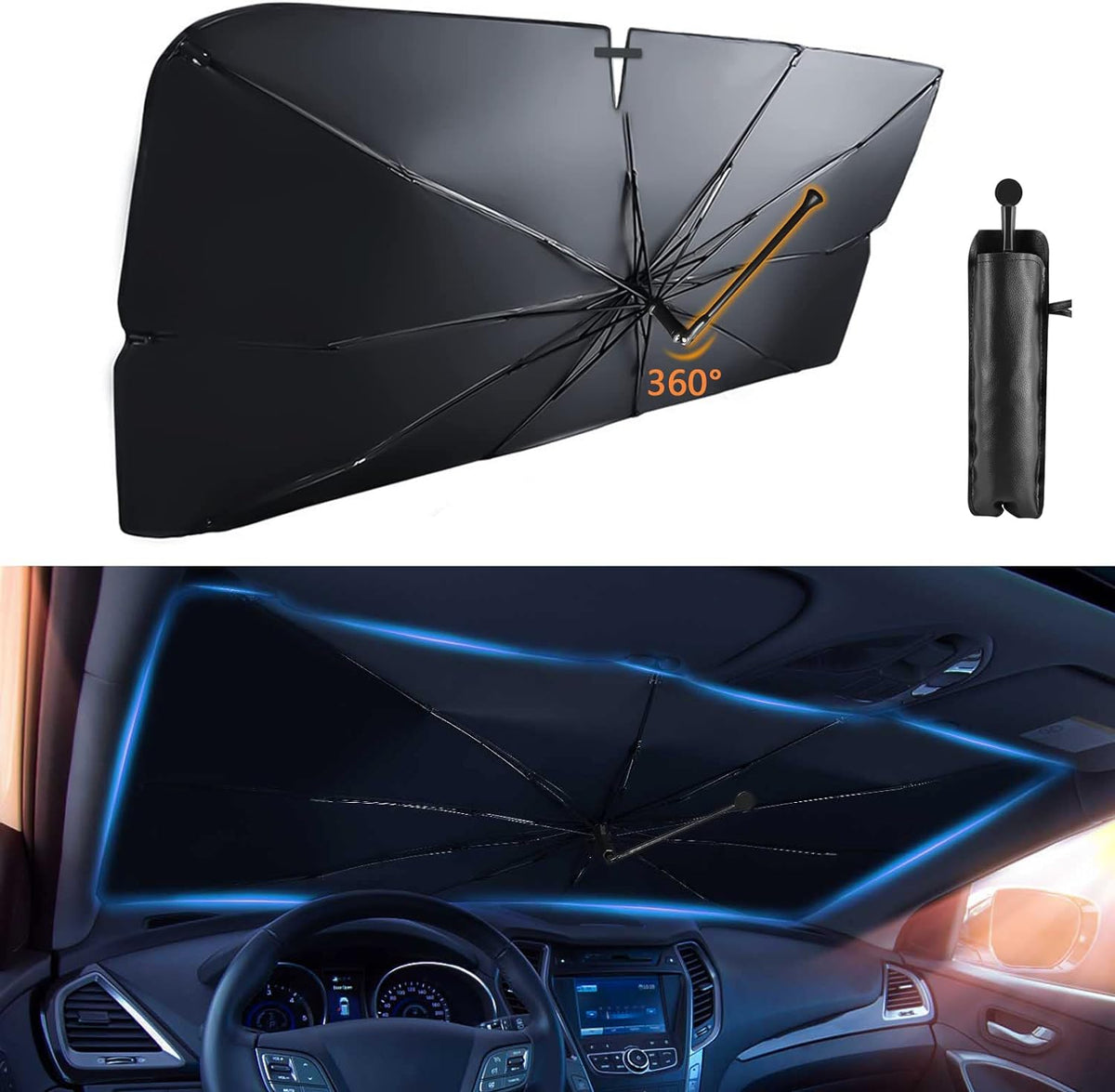 Belro car windshield sun shade blocking sunlight, designed to keep vehicle interior cool and protect against UV rays.