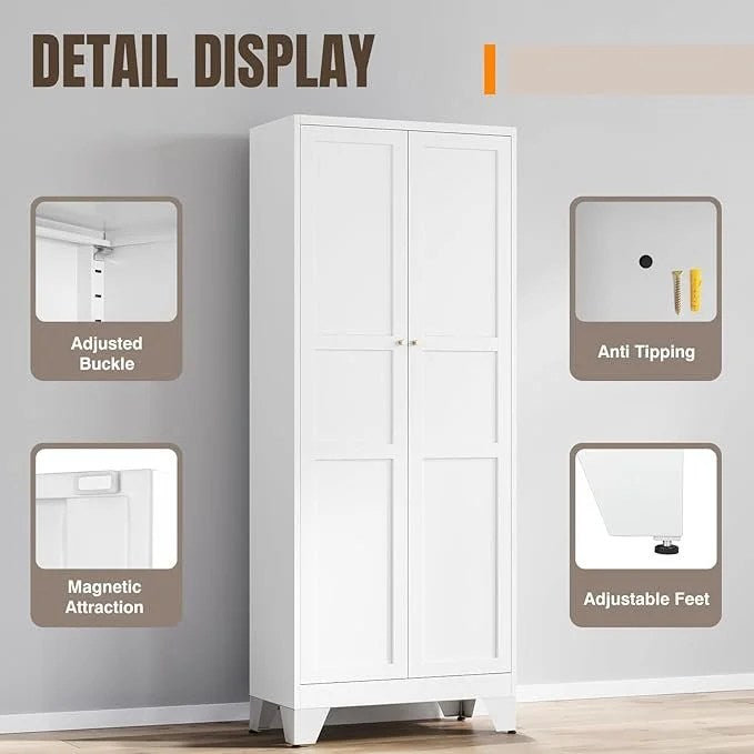 White metal Yizosh pantry cabinet with 2 doors and 4 adjustable shelves, ideal for kitchen, dining, living, or bathroom storage