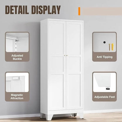 White metal Yizosh pantry cabinet with 2 doors and 4 adjustable shelves, ideal for kitchen, dining, living, or bathroom storage