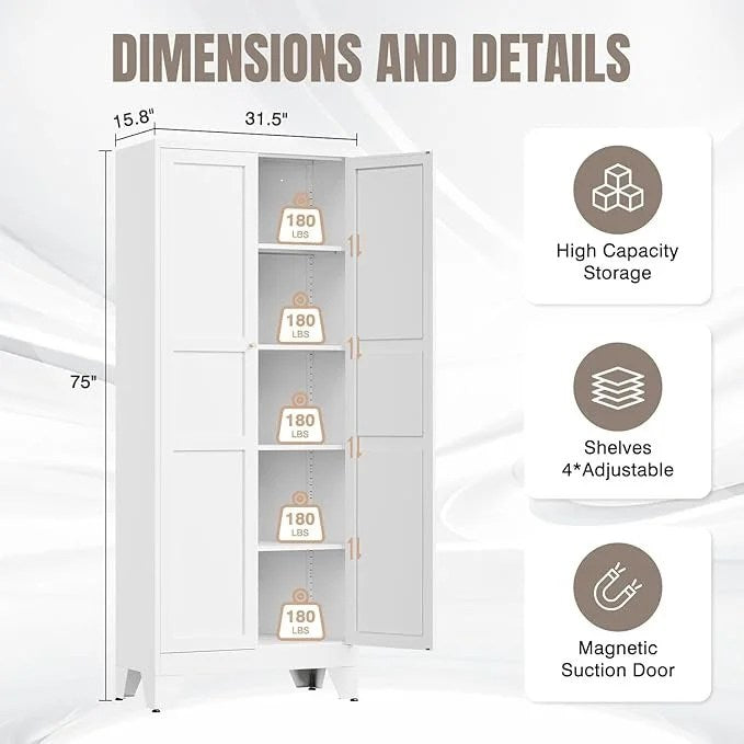 White Yizosh metal pantry cabinet by Casavibeo with 2 doors and 4 adjustable shelves for kitchen, dining, living, or bathroom storage