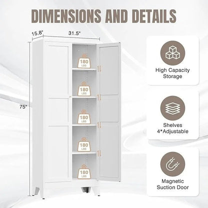 White Yizosh metal pantry cabinet by Casavibeo with 2 doors and 4 adjustable shelves for kitchen, dining, living, or bathroom storage