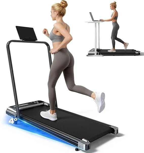 Casavibeo walking pad treadmill with handlebar, adjustable incline, compact design, remote control, and anti-slip surface for home use.
