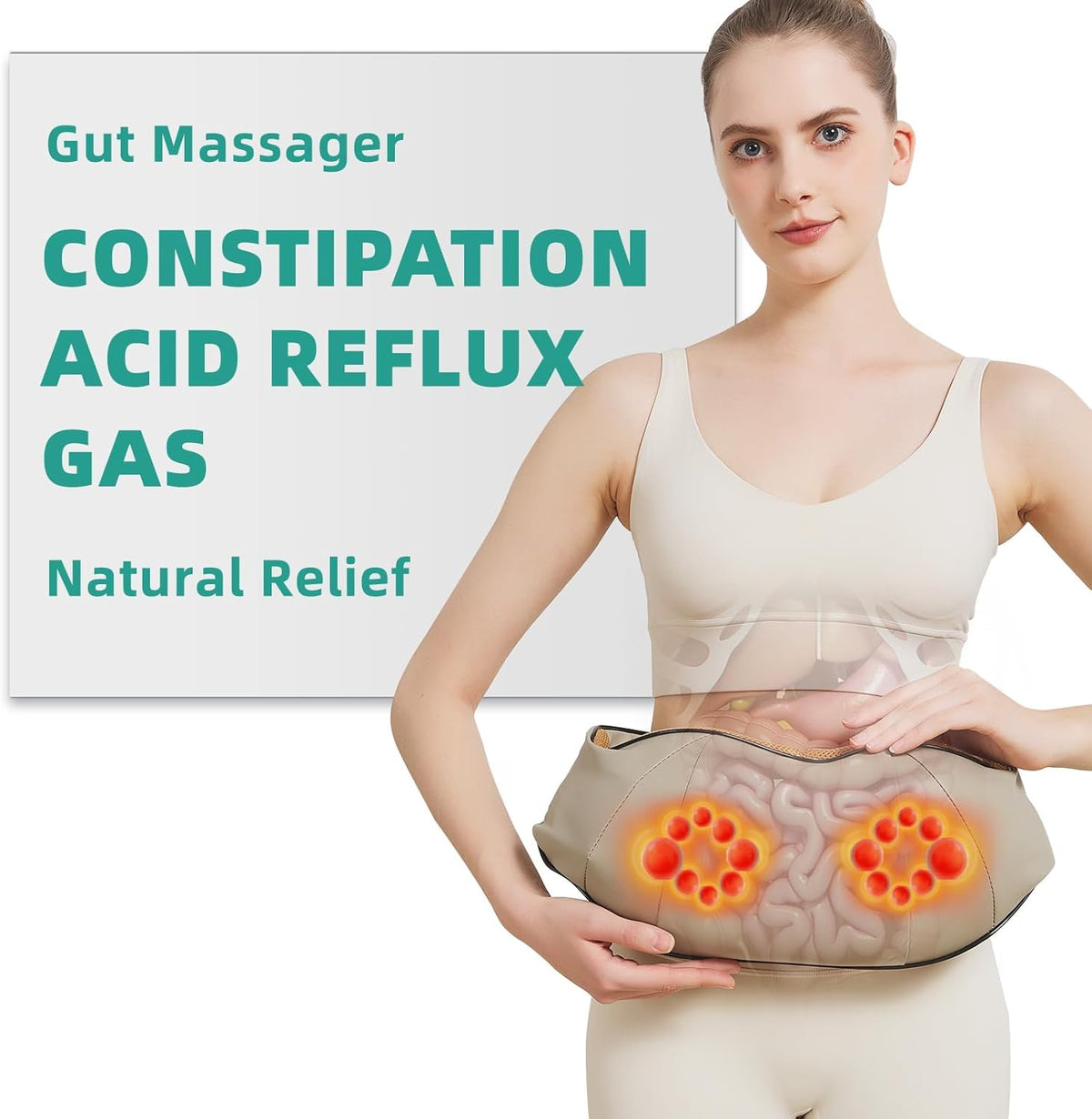Belro stomach massager for constipation, portable electronic personal care appliance with soft massage pads on a white background