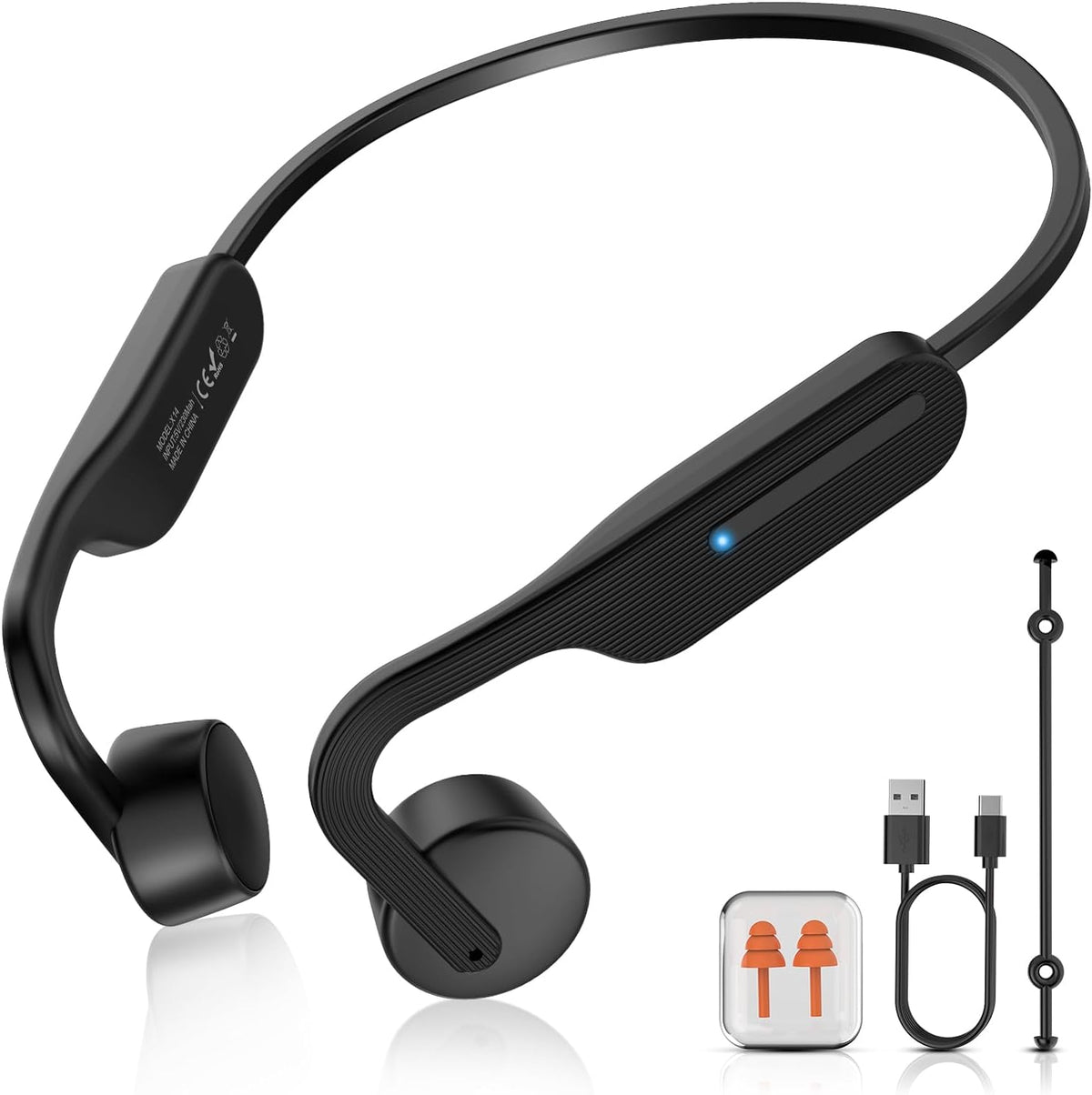 Belro open ear bone conduction wireless headphones resting on a table, showcasing their sleek design and open-ear style.