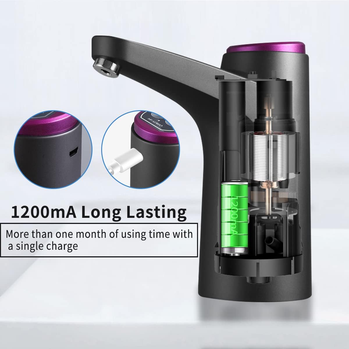 Belro electric water bottle pump dispenser attached to a large water bottle, portable tool for easy water dispensing.