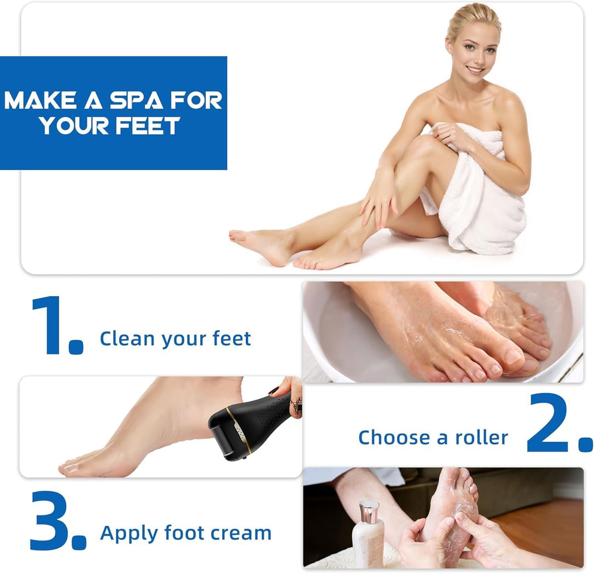 Belro electric callus remover with a blue and white handle, designed for smooth, healthy feet and skin care.