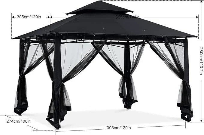 Casavibeo 10x12 outdoor steel frame gazebo with mosquito netting, ideal for patios, lawns, gardens, and backyard decks in black.