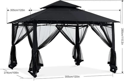 Casavibeo 10x12 outdoor steel frame gazebo with mosquito netting, ideal for patios, lawns, gardens, and backyard decks in black.