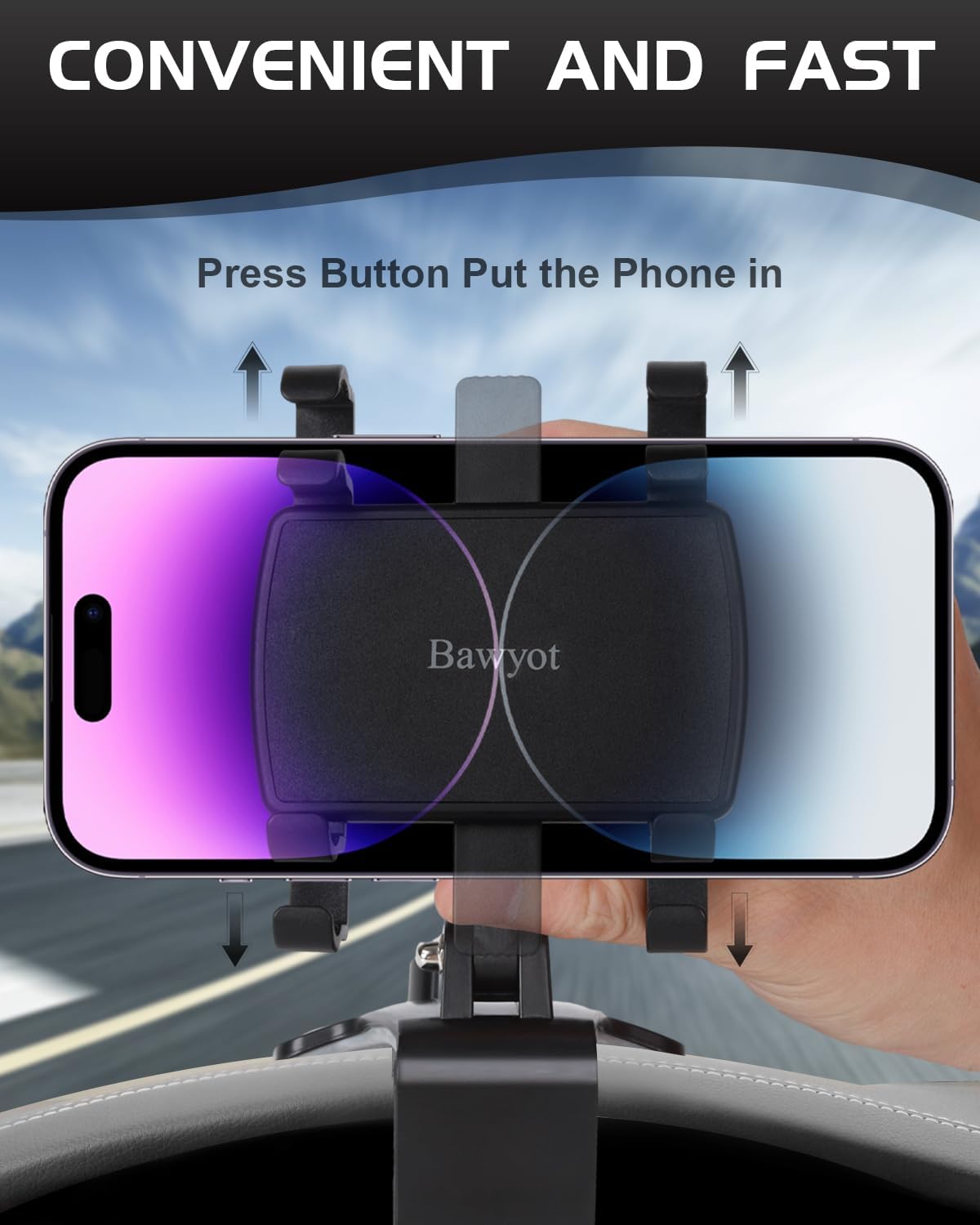 Belro car dashboard phone holder attached to a vehicle dashboard, securing a smartphone for easy access and visibility.