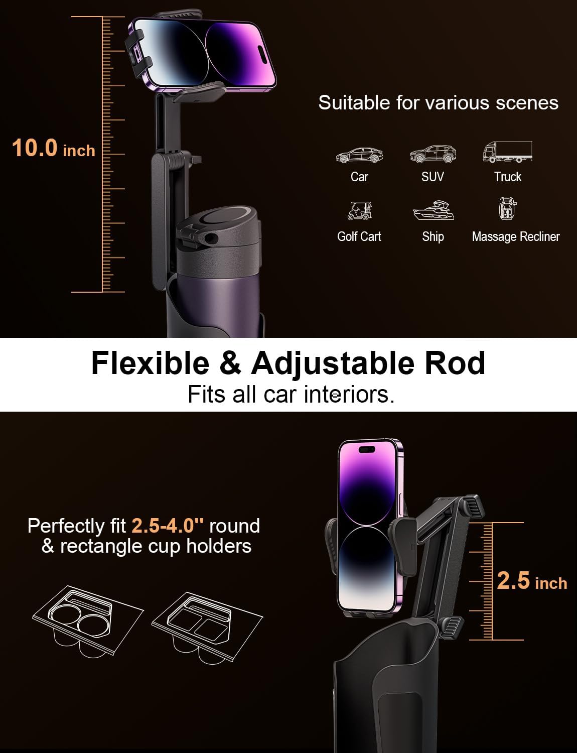 Belro phone cup holder mount for car, an electronic phone accessory, securely fits in car cup holders for hands-free use.