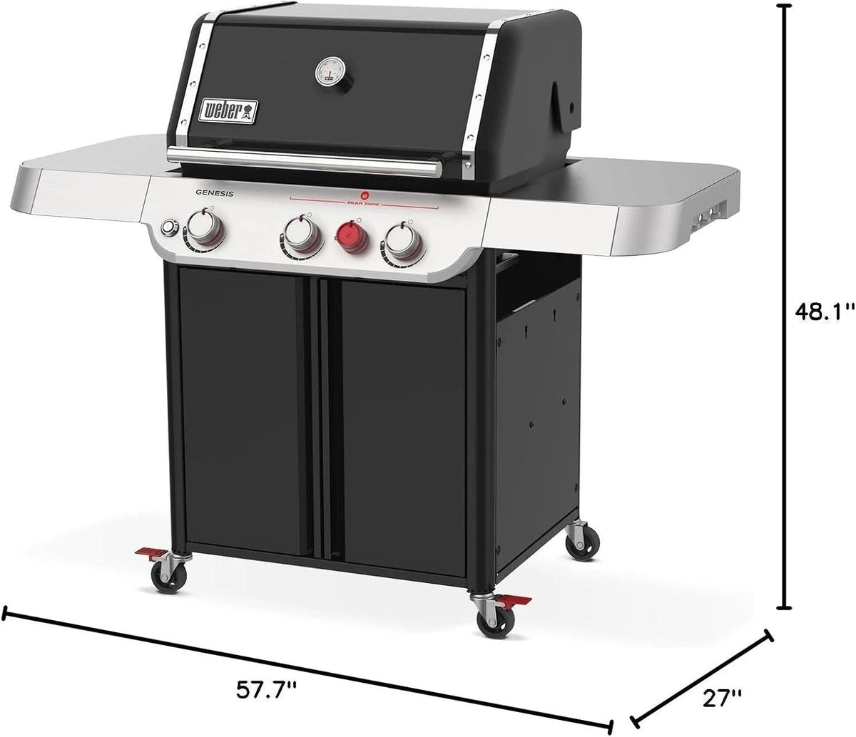 Casavibeo Weber Genesis E-325s gas grill with stainless steel lid, side shelves, and multiple burners for outdoor cooking.
