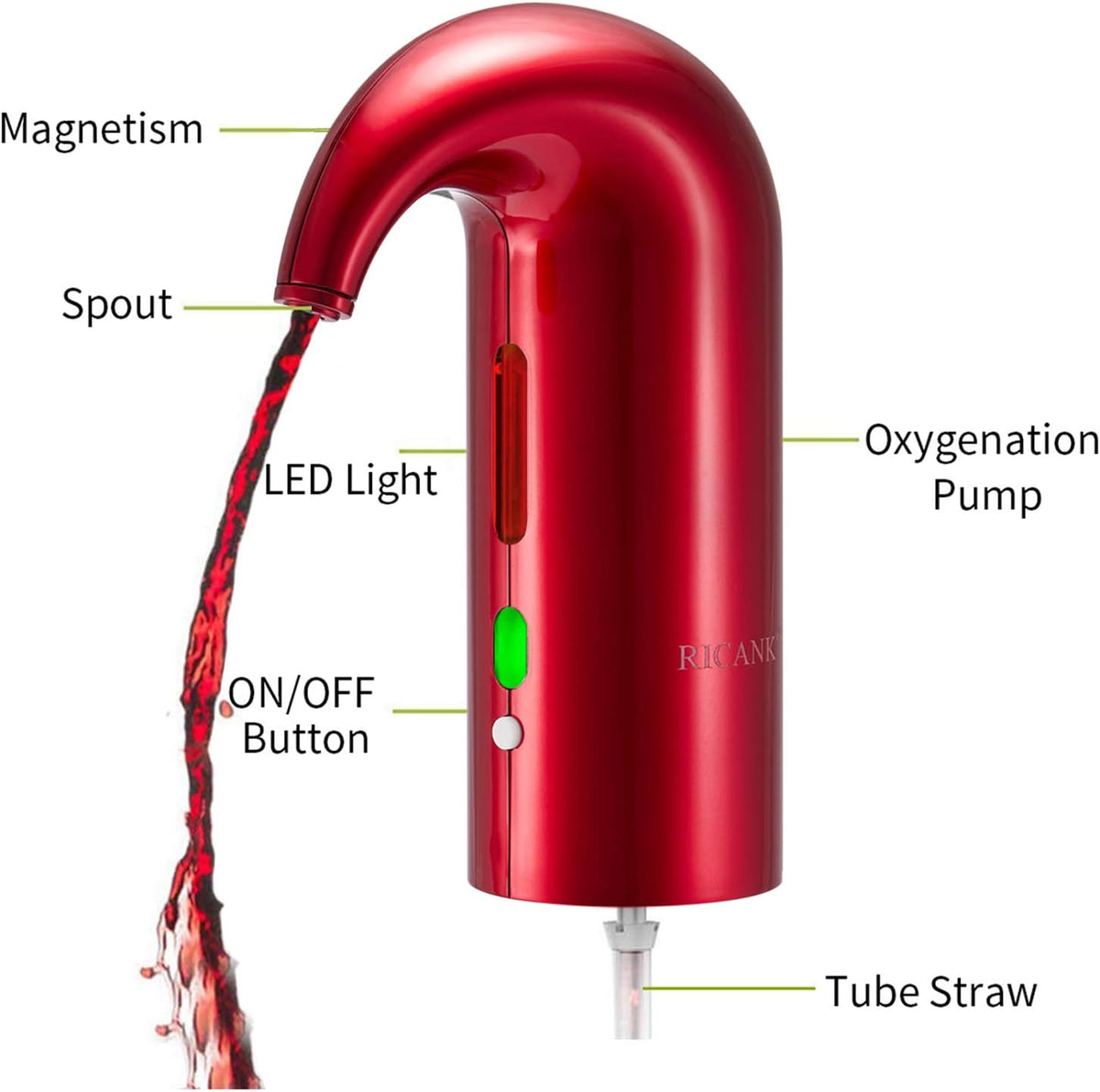 Belro electric wine aerator pourer and dispenser for enhancing wine flavor during serving in the kitchen or dining room.