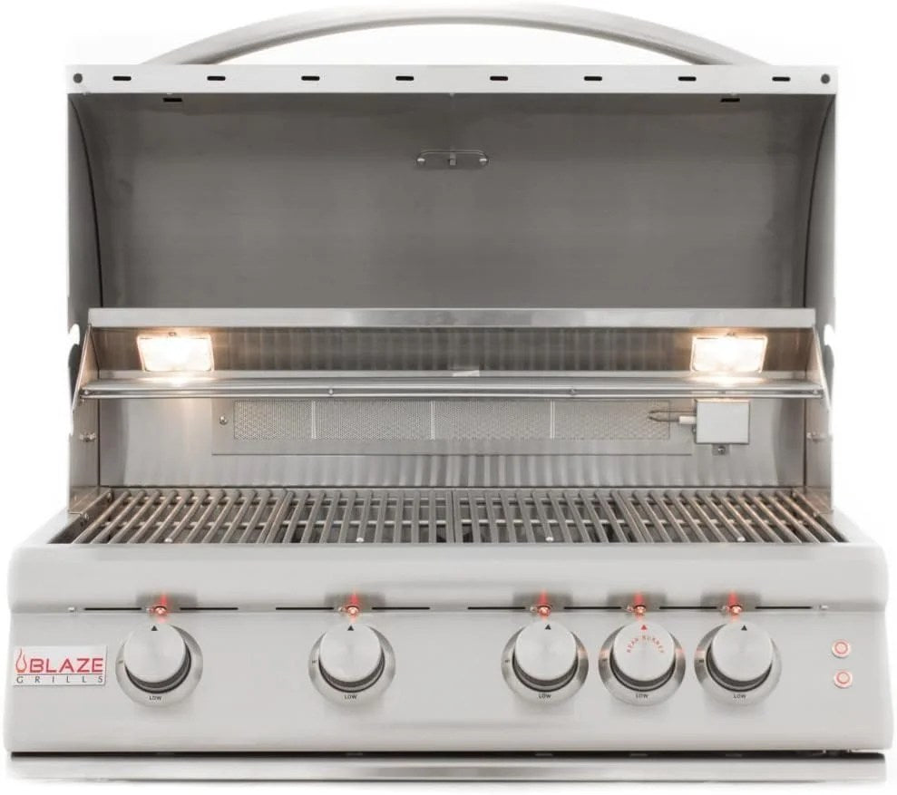 Casavibeo Blaze 32-inch 4-burner LTE gas grill with rear burner and built-in lighting, showing stainless steel construction and cooking surface