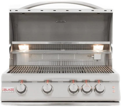 Casavibeo Blaze 32-inch 4-burner LTE gas grill with rear burner and built-in lighting, showing stainless steel construction and cooking surface