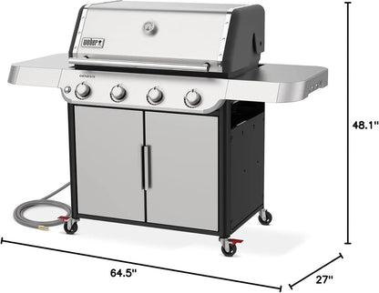 Casavibeo Weber Genesis S-415 natural gas grill with stainless steel cooking grates and four burners, outdoor cooking appliance.