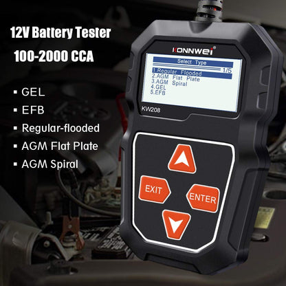 Belro Car Alternator Battery Tester showing digital display and testing cables for vehicle battery and charging system.