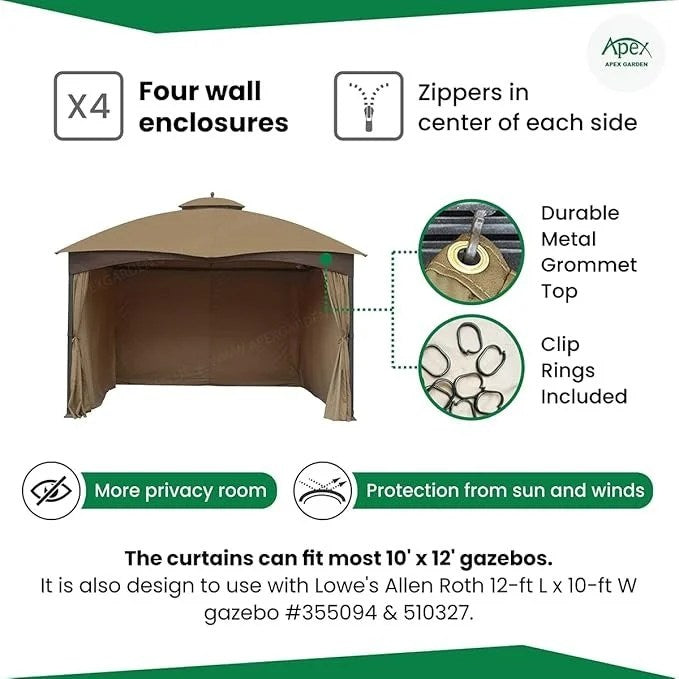 Casavibeo APEX GARDEN beige four-side privacy curtain set for 10x12 ft gazebo, made of durable outdoor fabric.
