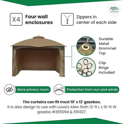 Casavibeo APEX GARDEN beige four-side privacy curtain set for 10x12 ft gazebo, made of durable outdoor fabric.