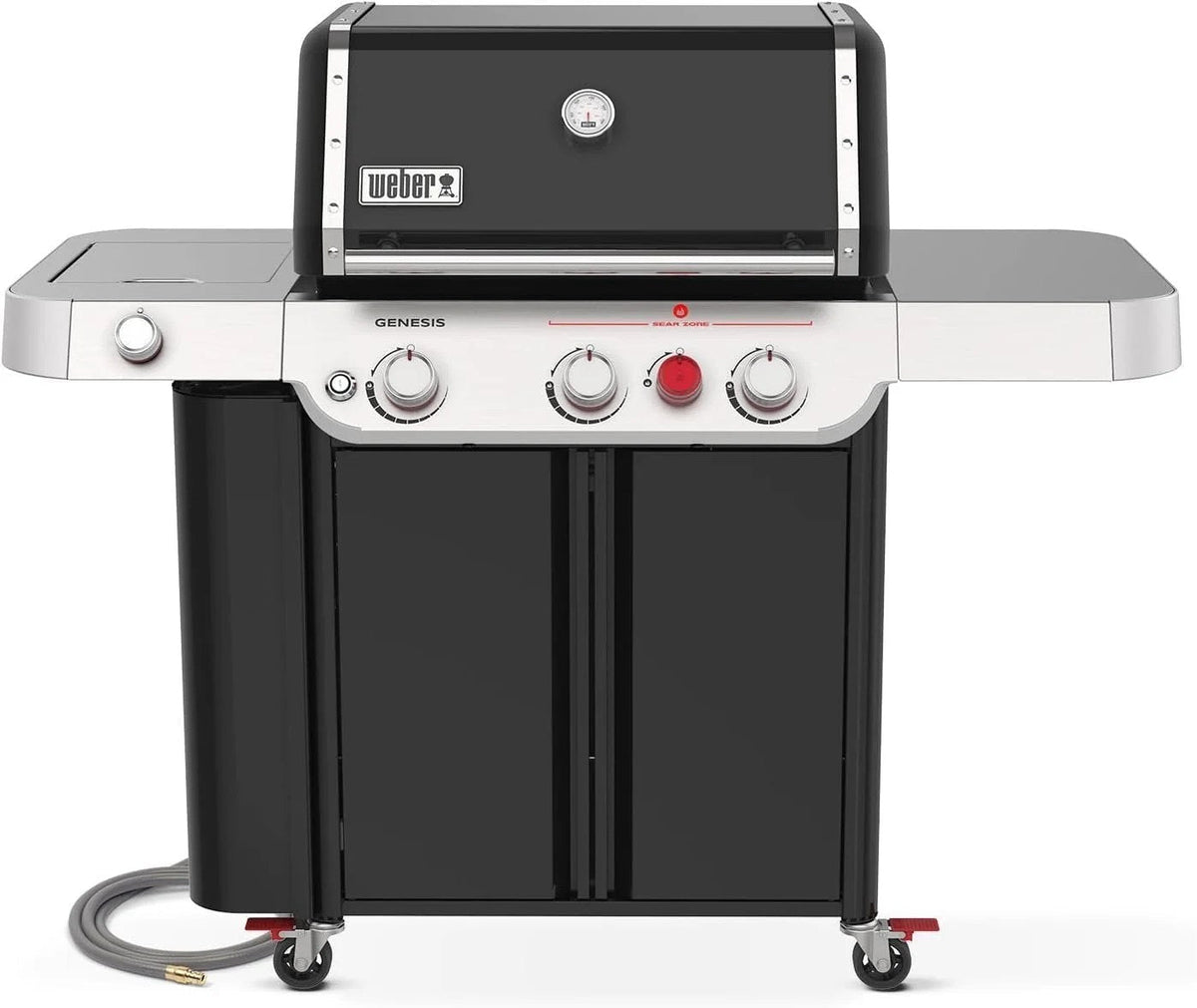 Casavibeo Genesis II E-335 gas grill with stainless steel lid, multiple burners, and side shelves for outdoor cooking.