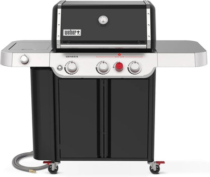 Casavibeo Genesis II E-335 gas grill with stainless steel lid, multiple burners, and side shelves for outdoor cooking.