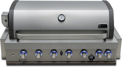 Casavibeo Mont Alpi 805 built-in gas grill with stainless steel burners, cooking grates, and control knobs in a modern outdoor kitchen setting