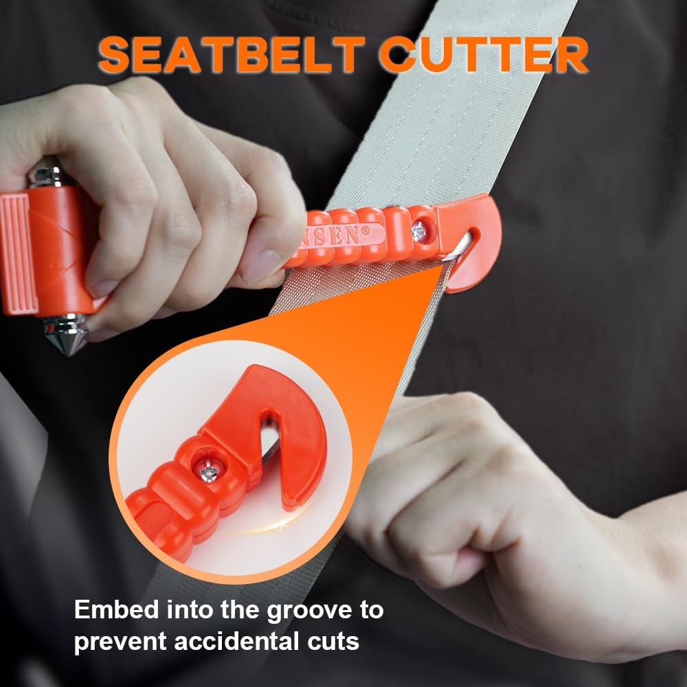 Belro car safety hammer set with window breaker and seat belt cutter for emergency escape, shown with two handheld tools.