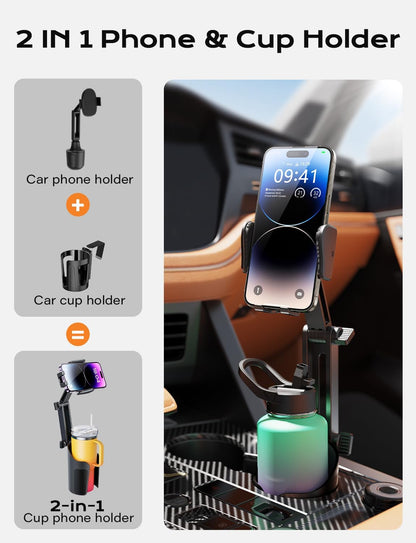 Belro phone cup holder mount for car, adjustable electronic phone holder attached to a vehicle cup holder inside a car.
